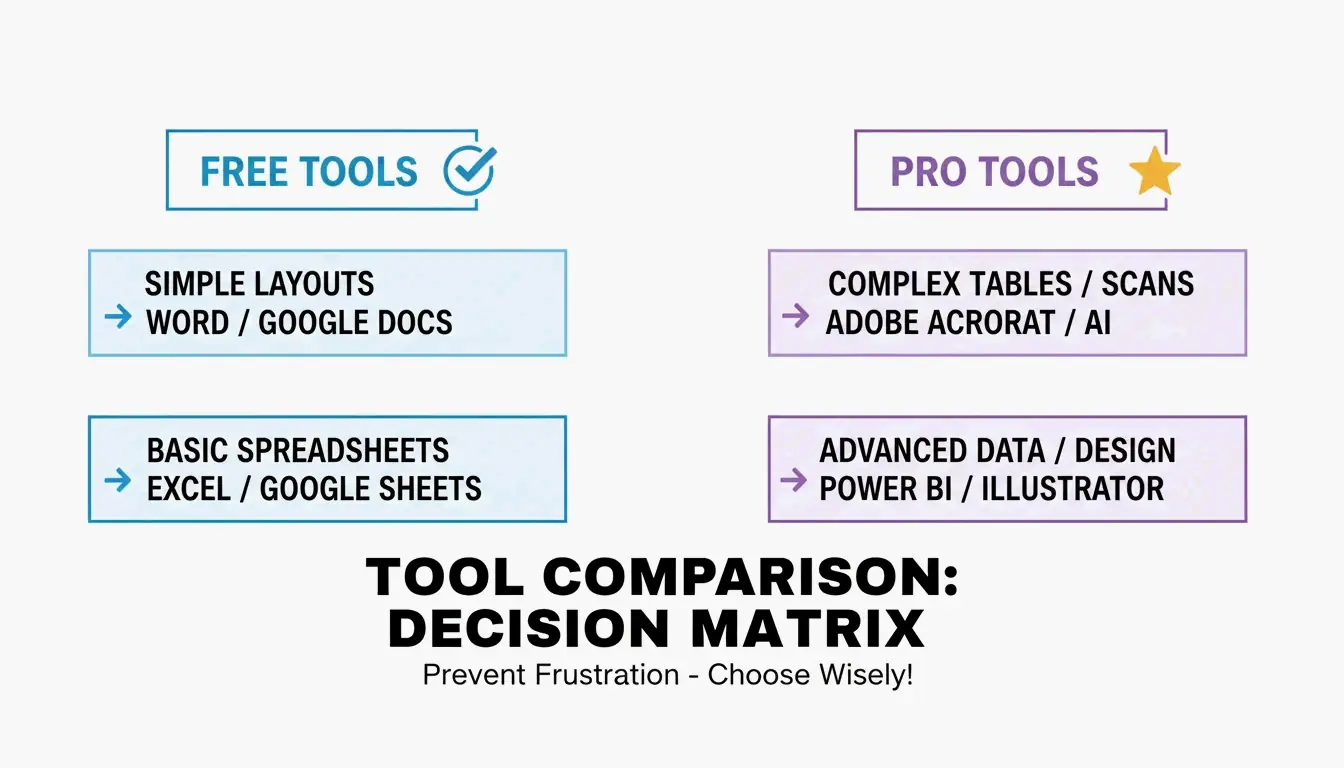 A simple comparison visual showing 'Basic Tools' (Word/Google) vs 'Pro Tools' (Acrobat/AI) for layout complexity.