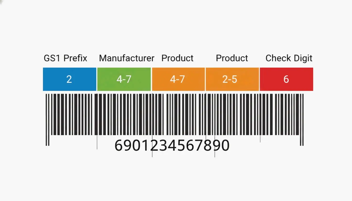 A visual breakdown of EAN-13 components using color-coded segments.