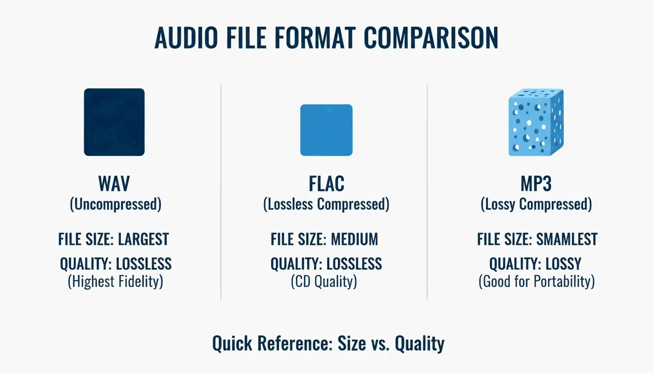 A simple 3-way comparison of WAV, FLAC, and MP3 focusing on the trade-off between file size and data integrity.