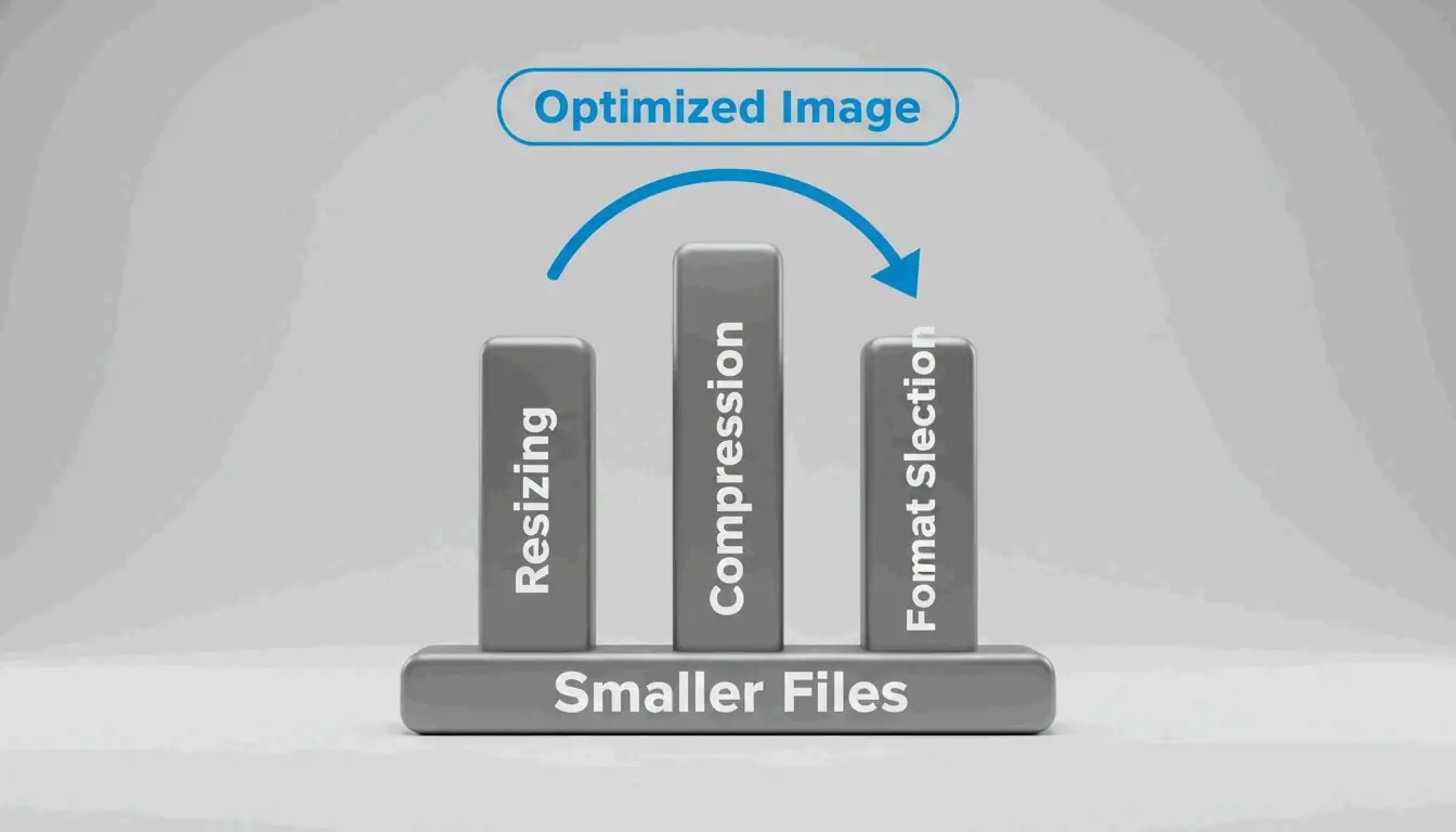 Three pillars labeled Resizing, Compression, and Format Selection connected to a base 'Smaller Files' with an arrow pointing to 'Optimized Image.'