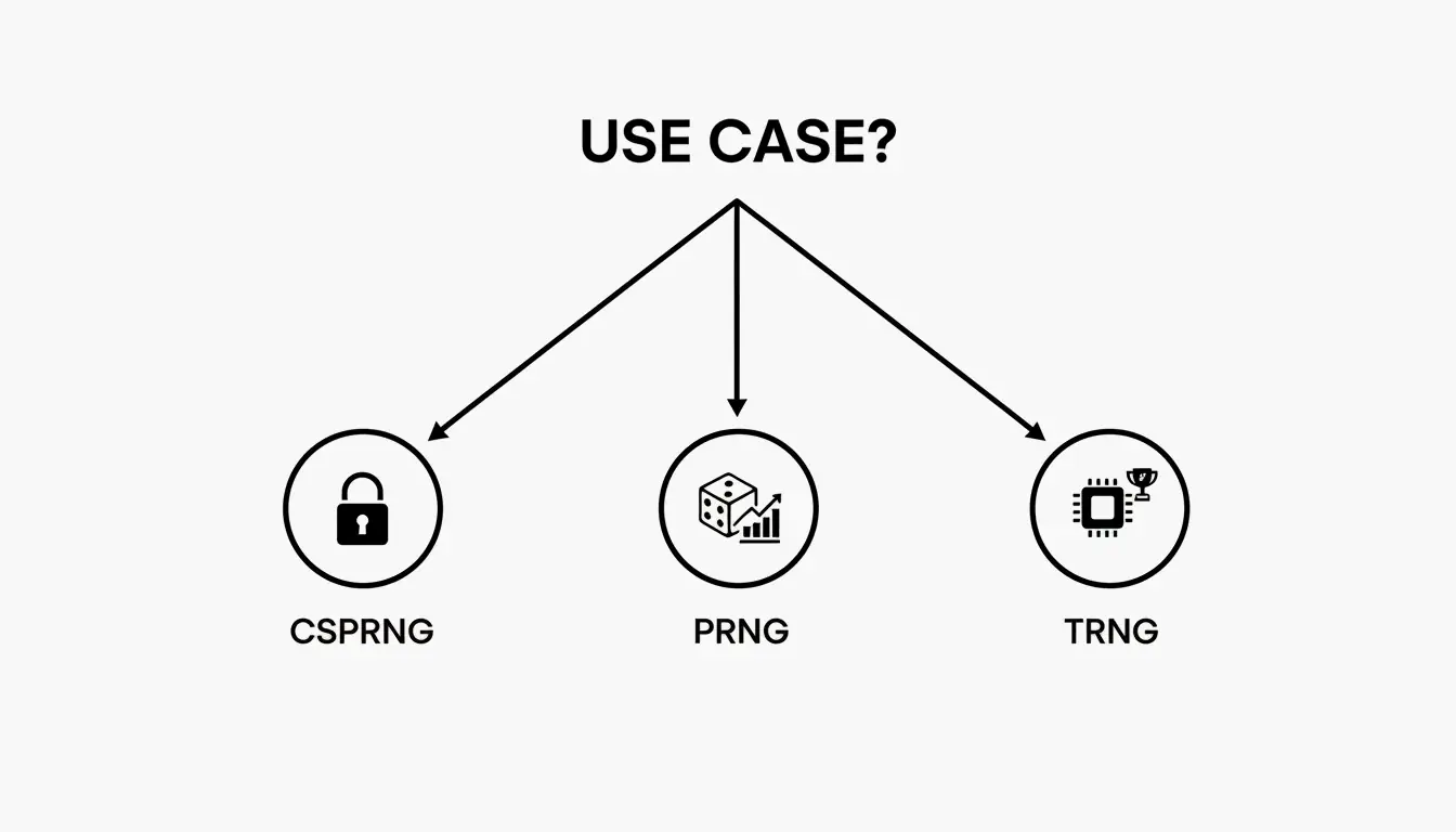Three‑branch decision tree: left branch "Security?" → CSPRNG (padlock icon), middle branch "Simulation/Game?" → PRNG (infinity icon), right branch "Lottery/Fairness?" → TRNG (hardware chip icon). Minimal labels, clear icons.