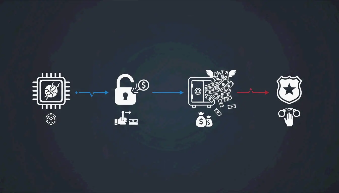 Chain reaction: a cracked RNG icon → a lock opening → dollar bills flying away → a police badge. Minimal symbols to convey vulnerability leads to fraud and loss.