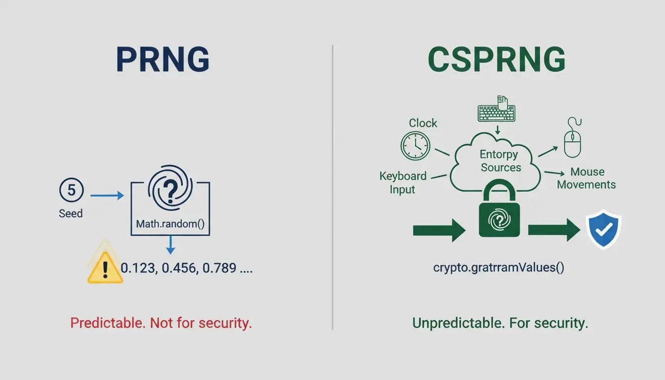 Simple side-by-side diagram: PRNG vs CSPRNG – left shows a predictable seed with a lock icon (not secure), right shows an unpredictable entropy source with a shield icon (secure)