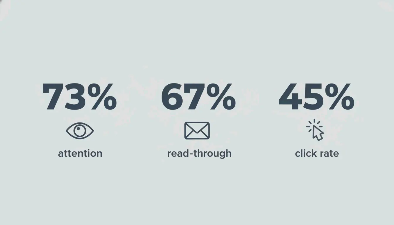 Simple infographic highlighting three key stats: 73% more attention, 67% higher read-through, 45% higher click rate — minimal text, clean icons