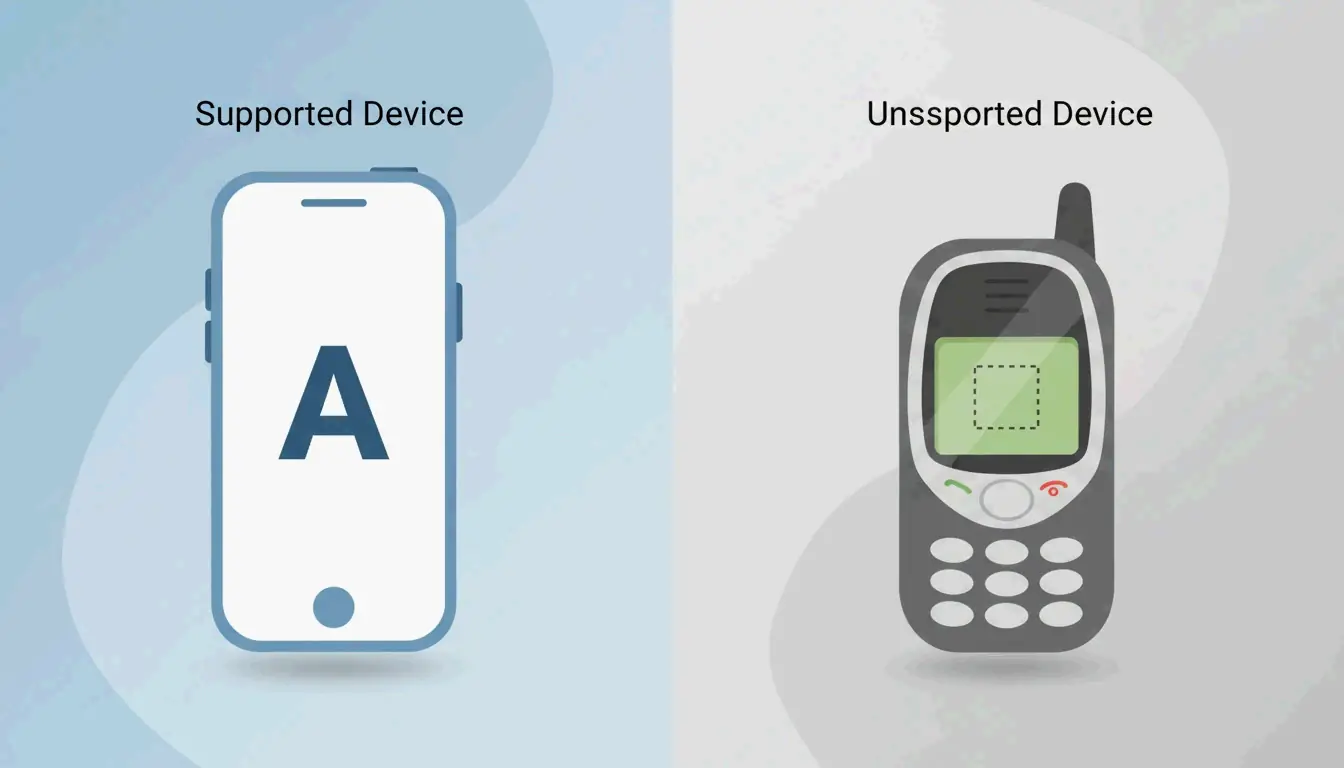Concept comparison: letter A renders correctly on supported device but shows as box on unsupported device