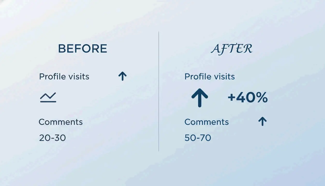 Before and after comparison: profile visits +40% and comments from 20-30 to 50-70 with styled fonts