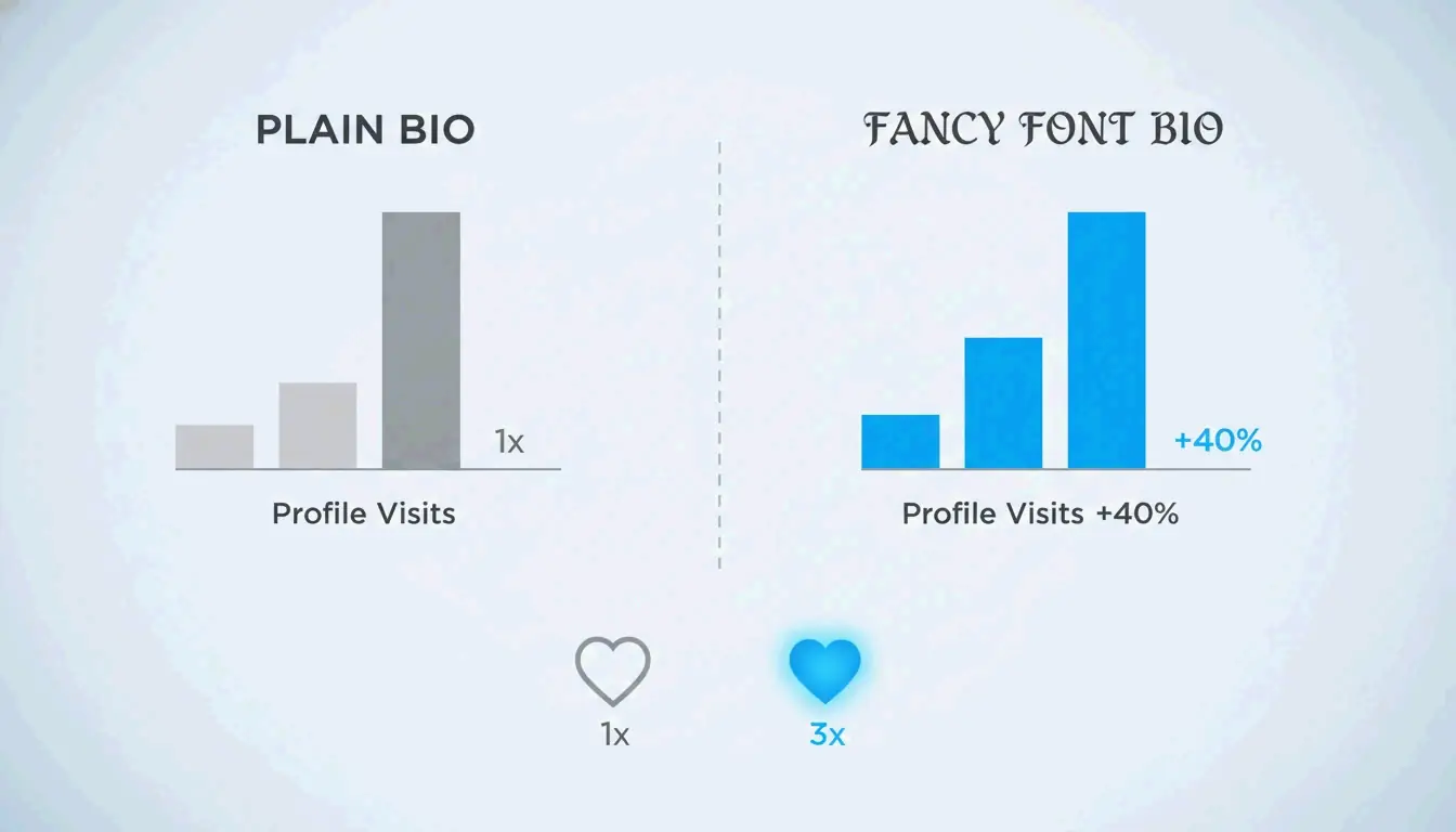 Lightweight infographic comparing normal bio (gray bar) vs fancy bio (+40% bar) on profile visits, and normal post likes (1x) vs fancy post likes (3x) with heart icons