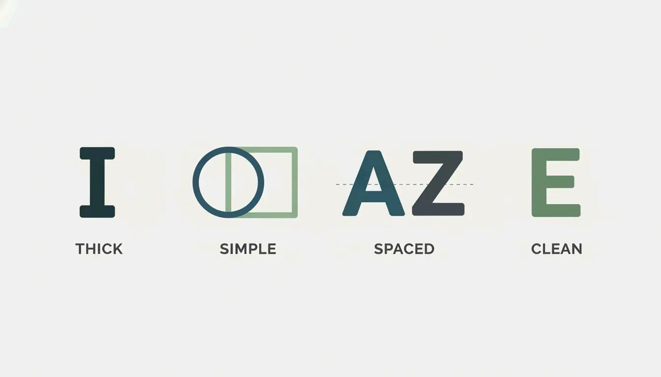 Four icons representing font aging-friendly features: Thick strokes, Simple shapes, Good spacing, Low detail.