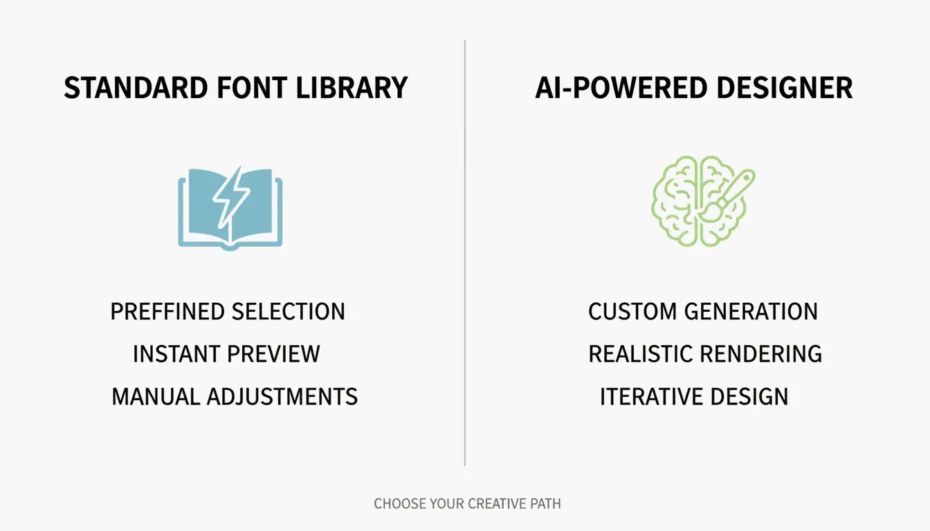 Simplified comparison infographic: Standard Font Library (instant preview) vs. AI-Powered Designer (realistic rendering).