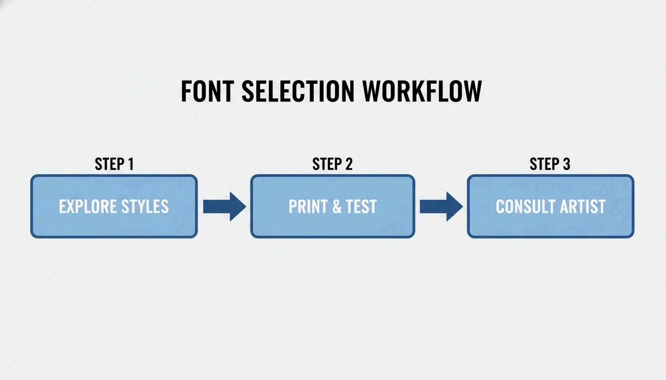 Simplified 3-step flowchart: Generate 10-15 styles → Print at actual size & test readability → Review with artist.