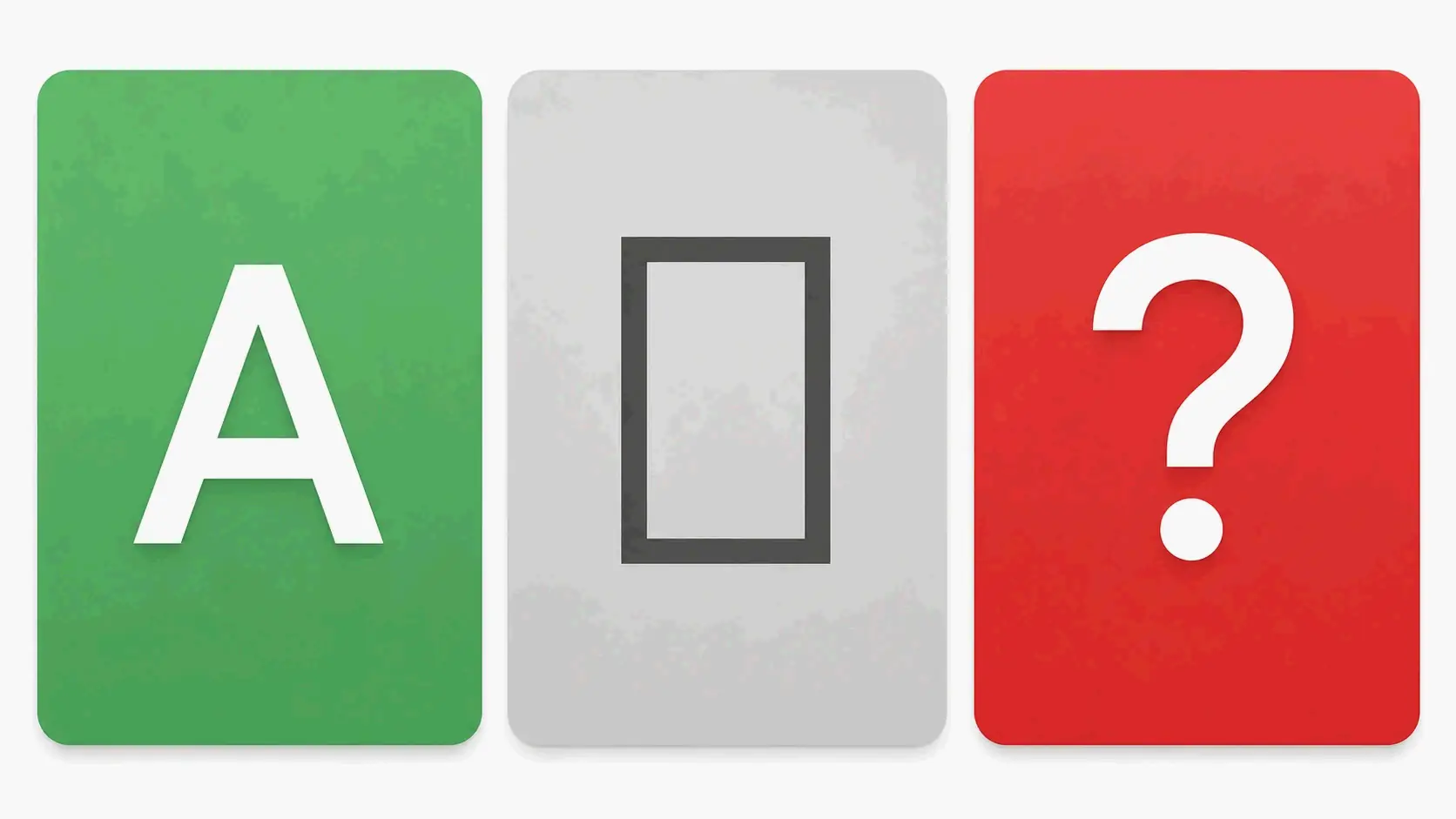 Three cards: normal letter, empty box, and question mark indicating compatibility issues