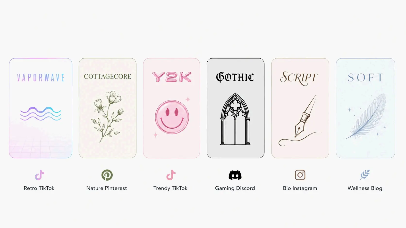 Concept map of six aesthetic font styles: Vaporwave, Cottagecore, Y2K, Gothic, Script, Soft Minimal with corresponding scenes