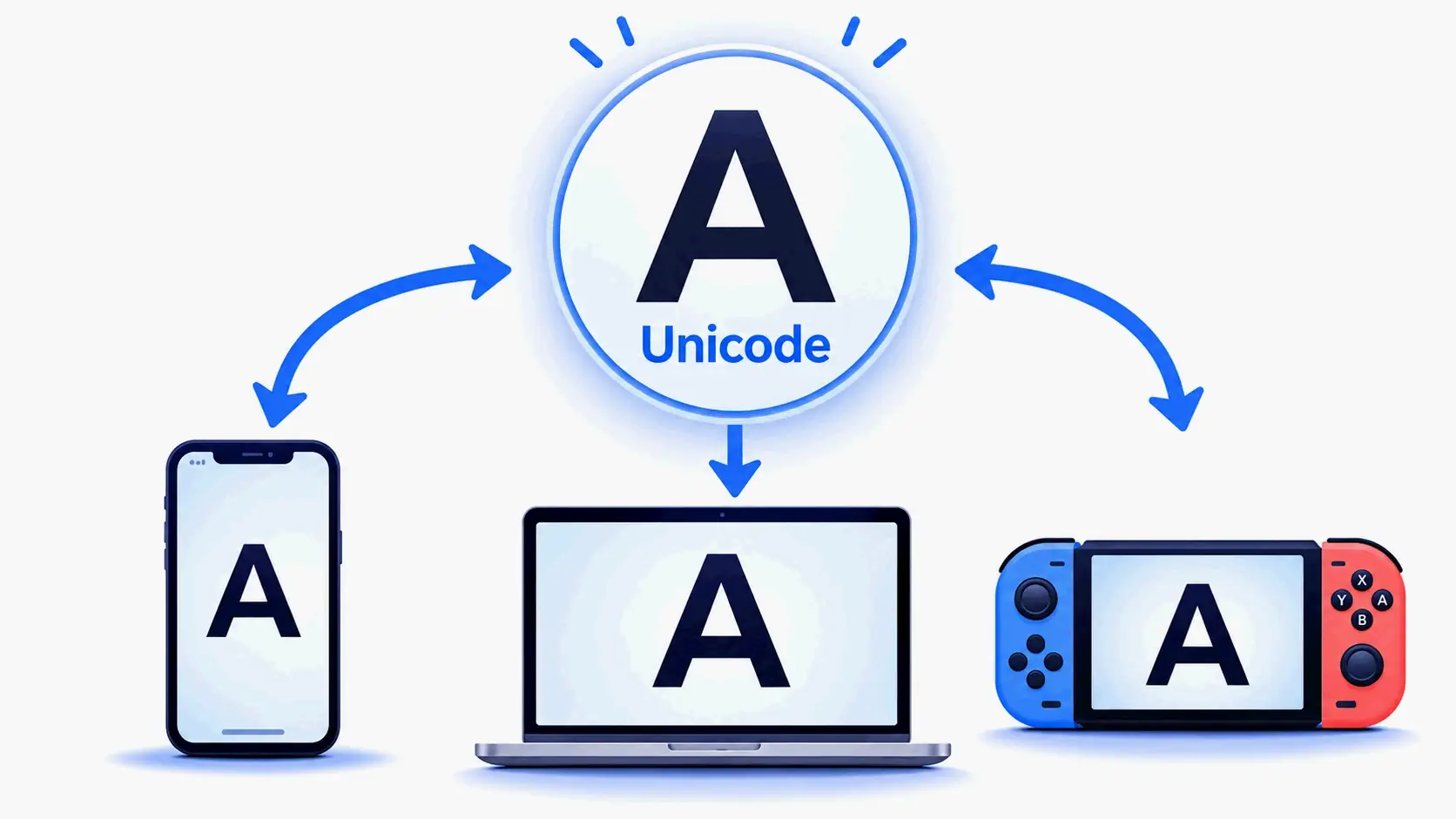 Unicode bridge showing same letter displayed consistently across phone, computer, and gaming console