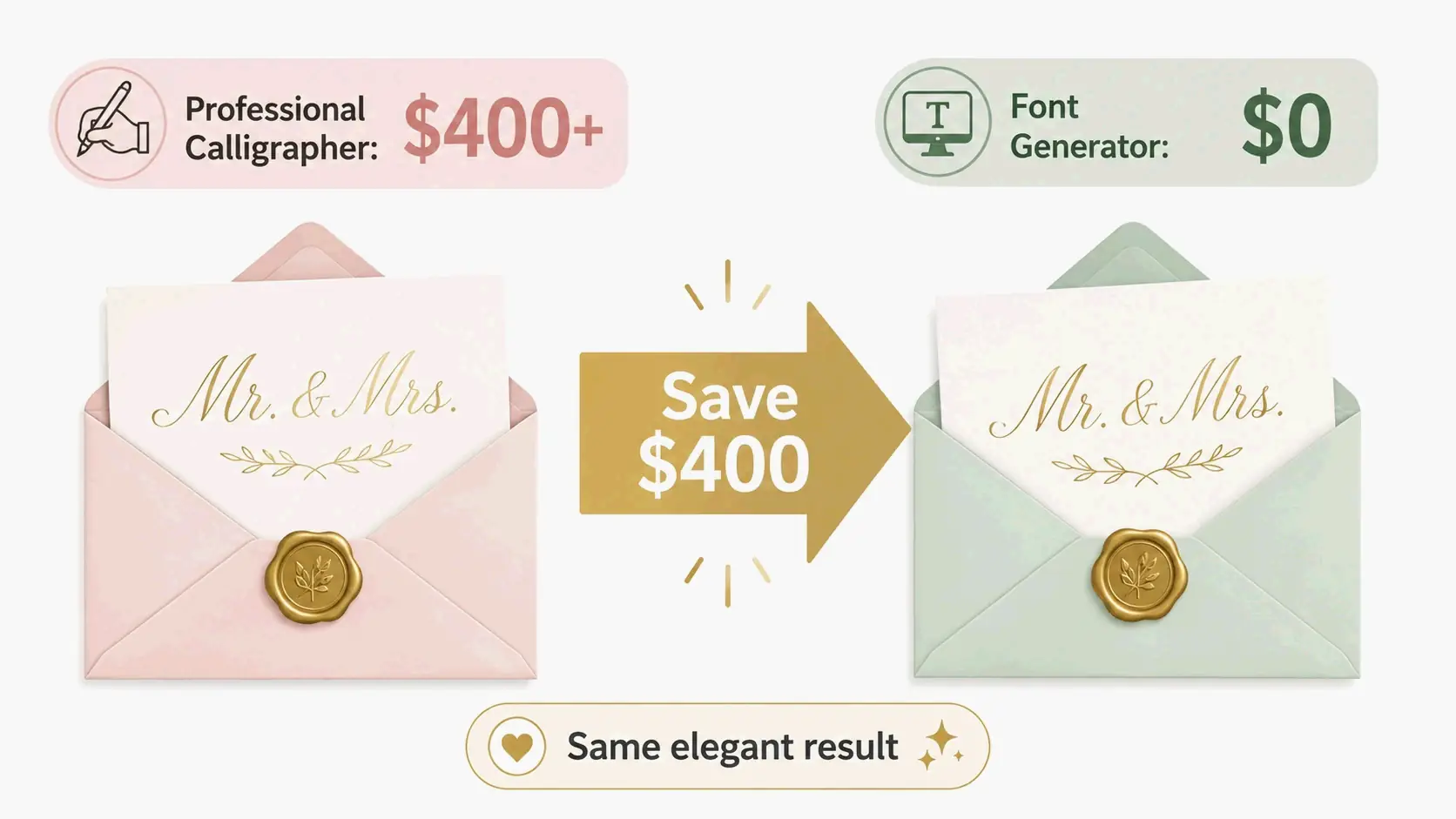Infographic: Comparison between professional calligrapher cost ($400+) and font generator cost ($0) with arrow indicating savings