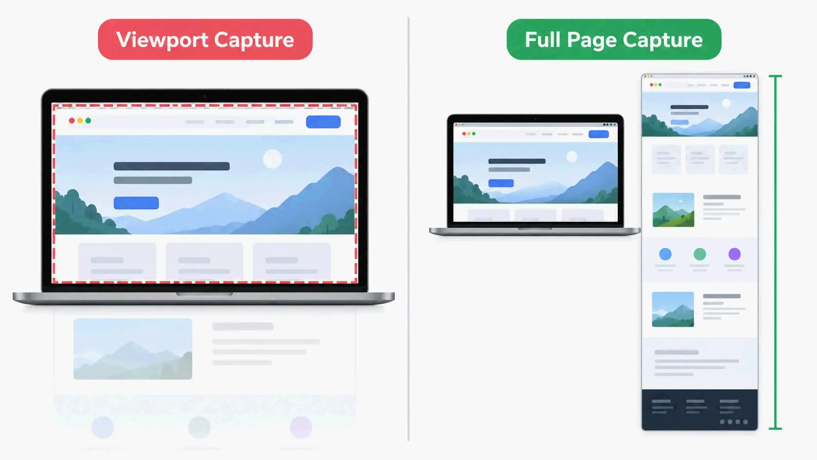 Viewport capture vs full-page capture comparison: visible screen area vs complete page length