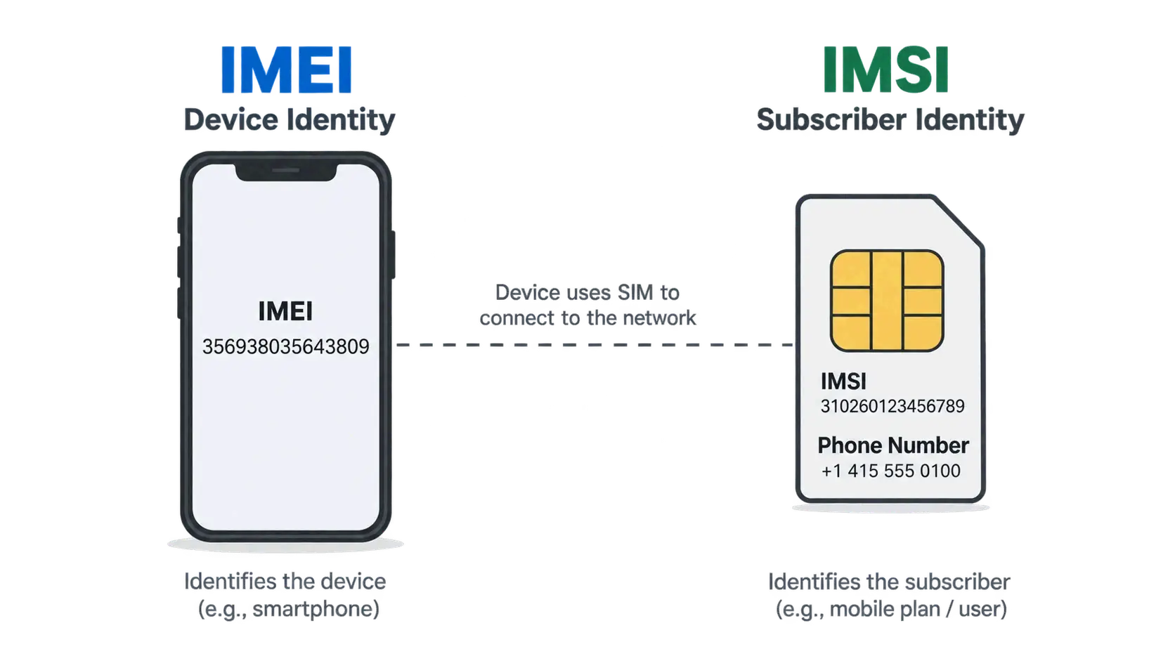 Device identity vs subscriber identity: IMEI on hardware, IMSI/SIM for subscriber
