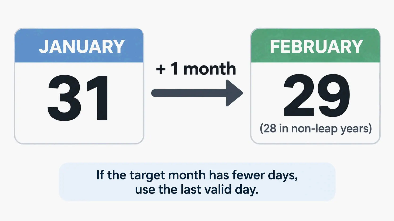 End-of-month clamping: January 31 plus one month