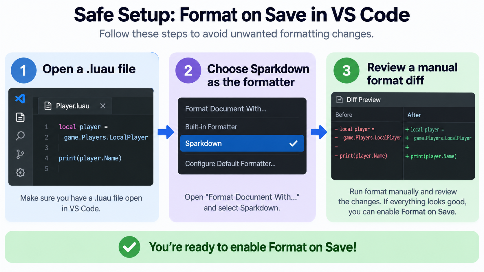 Three safe steps to enable Luau format-on-save